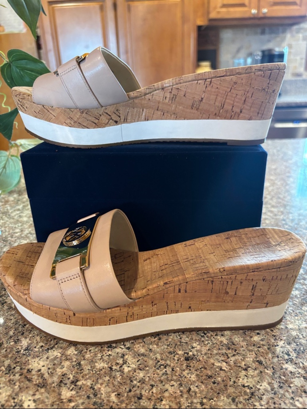 Michael Kors Warren Nude Leather Cork Wedge Slide Sandals with Gold MK Medallion - Picture 7 of 16
